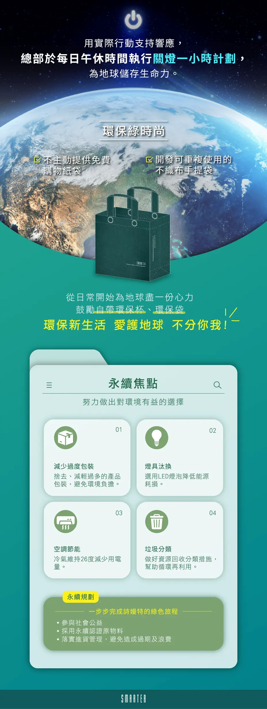 每日午休執行關燈一小時計劃，為地球儲存生命力；環保新生活、愛護地球、不分你我；永續焦點